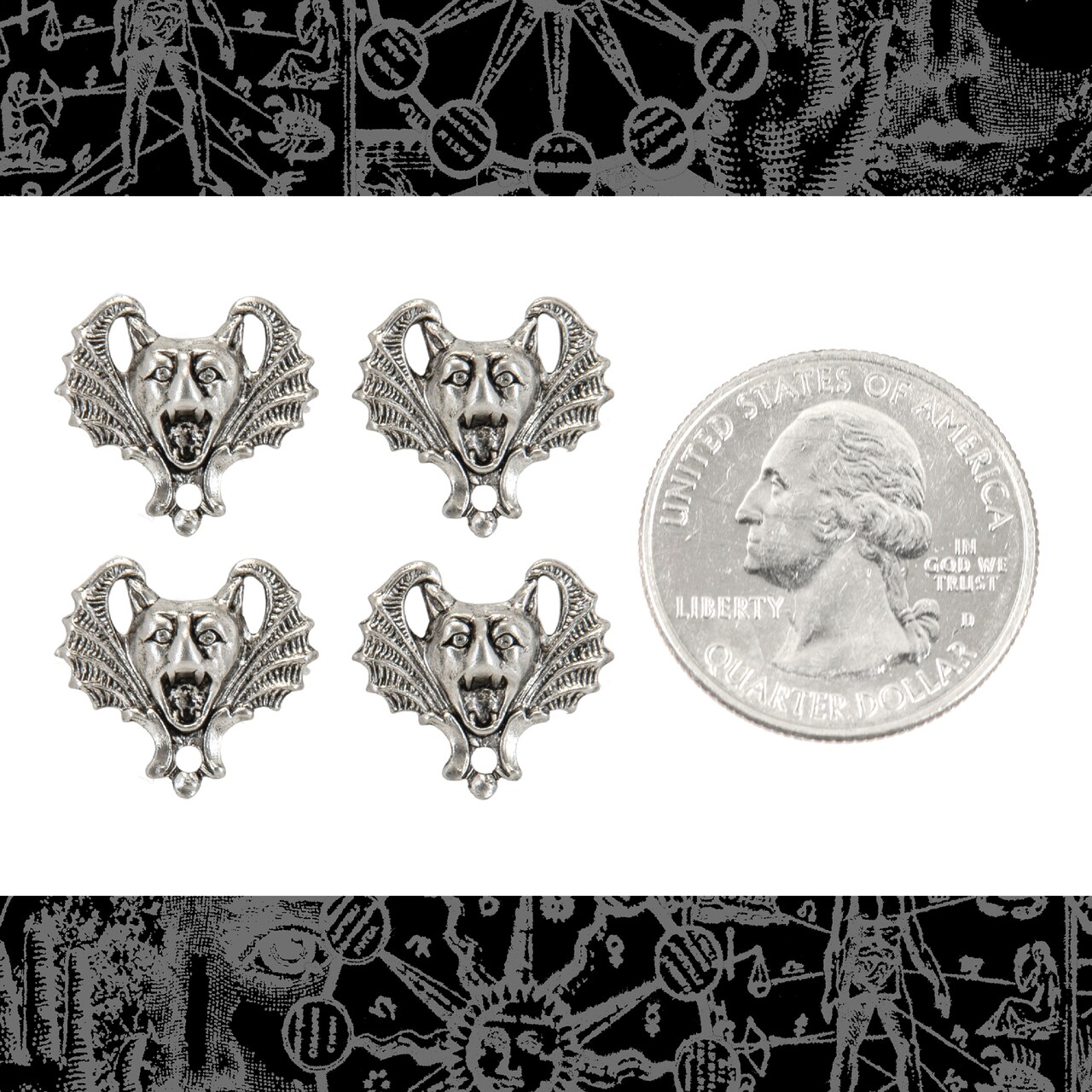 Pewter Plated Brass Small Screaming Bat Three Ring Connectors, Set of Four - XXX - *P-3C30